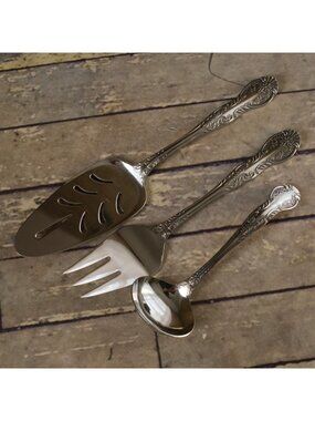 National NANCY (3 Flowers) Japan Stainless Serving Set Pie, Fork & Ladle CLEAN
